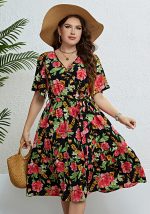 This Summer Rose v Neck Slim Waist Slim Fit Dress Made Of Soft And Elastic Fabric. Global Lover Wholesale Plus Size Dresses And Hope Curvy Ladies Find Here a Warm And Exciting Place To Shop Affordable Curvy Dresses Online - Plus Size Casual