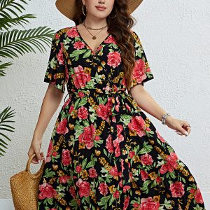 This Summer Rose v Neck Slim Waist Slim Fit Dress Made Of Soft And Elastic Fabric. Global Lover Wholesale Plus Size Dresses And Hope Curvy Ladies Find Here a Warm And Exciting Place To Shop Affordable Curvy Dresses Online - Plus Size Casual