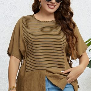 This Summer Round Neck Plus Size Mm Short Sleeve Slit Top Made Of Comfortable And Elastic Fabric. It Is Wholesale Sexy Plus Size Tops For Women. With The Gradual Rise Of Feminist Awareness