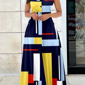 This Summer Sexy Fashion Ladies Digital Printing Sleeveless v Neck Elegant Dress Design Made Of High Quality Polyster And Spandex Material