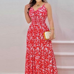 This Summer Sexy Print Straps Slim Waist Maxi Dress Design Made Of High Quality Polyster And Spandex Material