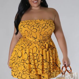 This Summer Sexy Print Wrapped Chest Strapless Top Shorts Two-Piece Plus Size Women's Set Design Made Of High Quality Polyster And Spandex Material. It Is Stretchy