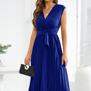 This Summer Sleeveless v Neck Tie Dress Fashion Slim Pleated Maxi Dress Design Made Of High Quality Polyster And Spandex Material. It Come With Good Stretch And Wearing Comfortable. Women¡¯s Midi Dresses Is Omnipotent And Suit For All Kinds Of Occasions - Daily Wear