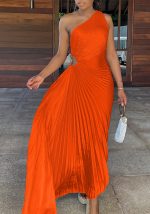 This Summer Slim One Shoulder Hollow Pressed Pleated Dress Shiny African Dress Design Made Of High Quality Polyster And Spandex Material