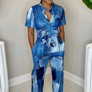 This Summer Slim Print Long Sleeve Casual Plus Size Jumpsuit Women Design Made Of High Quality Polyster And Spandex Material. It Is Stretchy