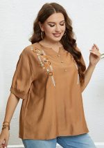 This Summer Small v Embroidery Literary Loose Casual Top Made Of Comfortable And Elastic Fabric. It Is Wholesale Sexy Plus Size Tops For Women. With The Gradual Rise Of Feminist Awareness