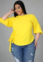 Dieser Sommer solide Farbe Rundhalsausschnitt Damen t-Shirt Plus Größe unregelmäßig lange Ärmel Top aus bequemen und elastischen Stoff. Es ist Großhandel Sexy Plus Size Tops für Frauen. Mit dem allmählichen Anstieg des feministischen Bewusstseins