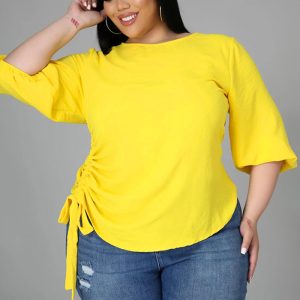 Este verano Color Sólido Cuello Redondo Señoras t-Shirt Plus Size Irregular Top de manga larga hecha de tela cómoda y elástica. Es al por mayor sexy Plus Size Tops para las mujeres. Con el aumento gradual de la conciencia feminista