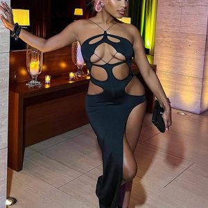 This Summer Solid Color Sexy Irregular Long Dress Hollow Low Back Straps Slit Nightclub Slim Dress For Women Design Made Of High Quality Polyster And Spandex Material