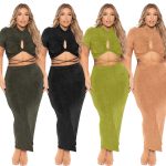 This Summer Solid Sexy Drawstring Cutout Round Neck Short Sleeve Fashion Casual Slit Skirt Set Plus Size Women Clothes Design And Made Of Comfortable And Elastic Fabric. Wholesale Plus Size Two Piece Sets Is a Must-Have Item For Curvy Ladies. Two Piece Sets Can Either Be Worn Together Or Individually