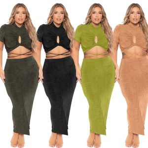 This Summer Solid Sexy Drawstring Cutout Round Neck Short Sleeve Fashion Casual Slit Skirt Set Plus Size Women Clothes Design And Made Of Comfortable And Elastic Fabric. Wholesale Plus Size Two Piece Sets Is a Must-Have Item For Curvy Ladies. Two Piece Sets Can Either Be Worn Together Or Individually