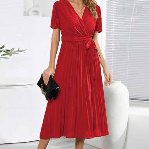 This Summer v Neck Short Sleeve Ladies Fit Chic Pleated Long Dress Design Made Of High Quality Polyster And Spandex Material. It Is Stretchy