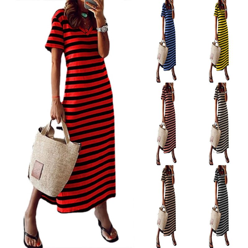 This Summer Women Loose Striped Print Short Sleeve Slit Dress Design Made Of High Quality Polyster And Spandex Material