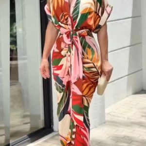 This Summer Women Print Turndown Collar Short Sleeve High Waist Single Breasted Maxi Cardigan Dress Design Made Of High Quality Polyster And Spandex Material. It Come With Good Stretch And Wearing Comfortable. Women¡¯s Midi Dresses Is Omnipotent And Suit For All Kinds Of Occasions - Daily Wear