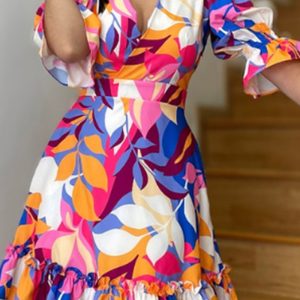 This Summer Women Printed Elegant Ruffle Dress Design Made Of High Quality Polyster And Spandex Material. It Is Stretchy