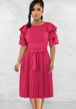 This Summer Women Round Neck Ruffle Short Sleeve Pressed Pleated Dress Design Made Of High Quality Polyster And Spandex Material. It Come With Good Stretch And Wearing Comfortable. Women¡¯s Midi Dresses Is Omnipotent And Suit For All Kinds Of Occasions - Daily Wear