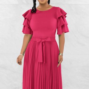 This Summer Women Round Neck Ruffle Short Sleeve Pressed Pleated Dress Design Made Of High Quality Polyster And Spandex Material. It Come With Good Stretch And Wearing Comfortable. Women¡¯s Midi Dresses Is Omnipotent And Suit For All Kinds Of Occasions - Daily Wear