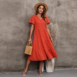 This Summer Women v-Neck Short Sleeve Button-Open Midi Dress Design Made Of High Quality Polyster And Spandex Material. It Come With Good Stretch And Wearing Comfortable. Women¡¯s Midi Dresses Is Omnipotent And Suit For All Kinds Of Occasions - Daily Wear