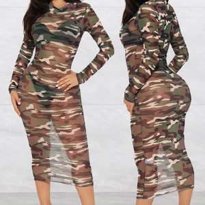 This Summer Women Sexy Mesh Print Long-Sleeved Dress Design Made Of High Quality Polyster And Spandex Material. It Come With Good Stretch And Wearing Comfortable. Women¡¯s Midi Dresses Is Omnipotent And Suit For All Kinds Of Occasions - Daily Wear