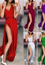 This Summer Women Sexy v-Neck Strap Slit Dress Design Made Of High Quality Polyster And Spandex Material