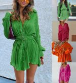 This Summer Women's Chic Loose Pleated Casual Single-Breasted Shirt Dress With Belt Design Made Of High Quality Polyster And Spandex Material. It Is Stretchy