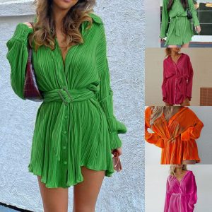 This Summer Women's Chic Loose Pleated Casual Single-Breasted Shirt Dress With Belt Design Made Of High Quality Polyster And Spandex Material. It Is Stretchy