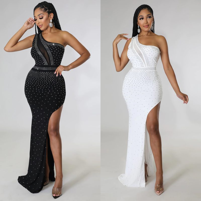 This Summer Women's Sexy One Shoulder Rhinestone Beaded Nightclub Long Dress Design Made Of High Quality Polyster And Spandex Material