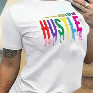 This Summer Women's Black t-Shirt Short Sleeve Basic Style Letter Print Shirt Design Made Of Thick Polyster And Spandex Materail