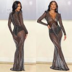 This Summer Women's Fashion Sexy Mesh See-Through Nightclub Beaded Long Dress Women Design Made Of High Quality Polyster And Spandex Material