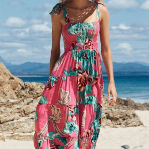 This Summer Women's Holidays Sling Lace-Up Print Long Dress Design Made Of High Quality Polyster And Spandex Material