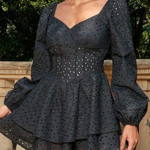 This Summer Women's Off Shoulder Puff Sleeve Hollow Dress Design Made Of High Quality Polyster And Spandex Material. It Is Stretchy