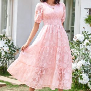 This Summer Women's Round Neck Puff Sleeve Floral a-Line Dress Design Made Of High Quality Polyster And Spandex Material. It Come With Good Stretch And Wearing Comfortable. Women¡¯s Midi Dresses Is Omnipotent And Suit For All Kinds Of Occasions - Daily Wear