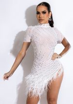 This Summer Women's Sexy Mesh Beaded Tassel Short Dress Design Made Of High Quality Polyster And Spandex Material