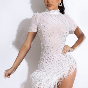 This Summer Women's Sexy Mesh Beaded Tassel Short Dress Design Made Of High Quality Polyster And Spandex Material