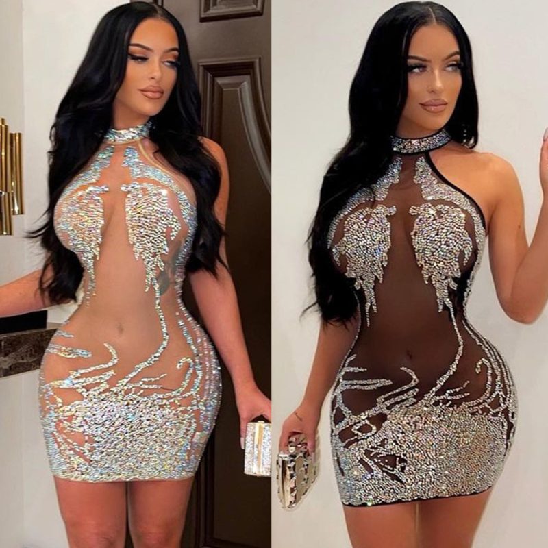 This Summer Women's Sexy Tight Fitting Mesh Beaded See-Through Nightclub Ladies Dress Design Made Of High Quality Polyster And Spandex Material