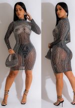 This Summer Women's Sexy Tight Fitting Mesh Printed Beaded Dress For Women Design Made Of High Quality Polyster And Spandex Material