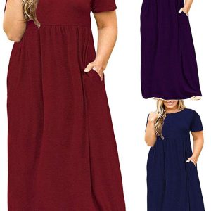 Este verano las mujeres de manga corta cuello redondo sólido Plus Size Dress Imprimir Maxi Vestido de tela suave y elástica. Global Lover Venta al por mayor vestidos de talla grande y la esperanza de las señoras con curvas encontrar aquí un lugar cálido y emocionante para comprar asequibles vestidos con curvas en línea - Plus Size Casual