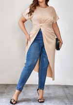 This Summer Women's Solid Color Round Neck Loose Plus Size Knot Short Sleeve Shirt Made Of Comfortable And Elastic Fabric. It Is Wholesale Sexy Plus Size Tops For Women. With The Gradual Rise Of Feminist Awareness