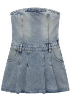 This Summer Women's Strapless Pleated Denim Dress Design Made Of High Quality Polyster And Spandex Material. It Is Stretchy