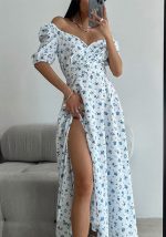 This Summer Women's Sweet Chic Square Neck Floral Slit Long Dress Design Made Of High Quality Polyster And Spandex Material