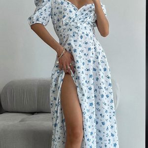 This Summer Women's Sweet Chic Square Neck Floral Slit Long Dress Design Made Of High Quality Polyster And Spandex Material