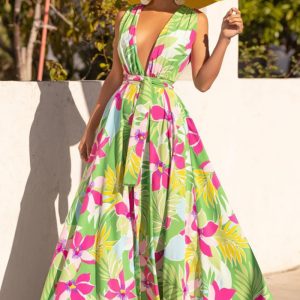 This Summer Women's v-Neck Printed High Waist Belt Swing Maxi Dress Design Made Of High Quality Polyster And Spandex Material