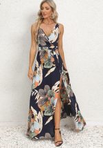 This Summer Women's v-Neck Sleeveless Slit Printed Long Strap Dress Design Made Of High Quality Polyster And Spandex Material