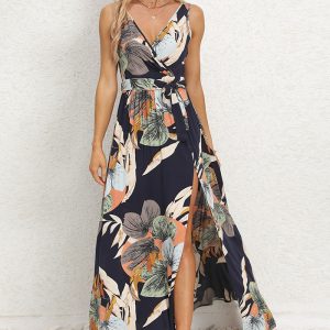 This Summer Women's v-Neck Sleeveless Slit Printed Long Strap Dress Design Made Of High Quality Polyster And Spandex Material