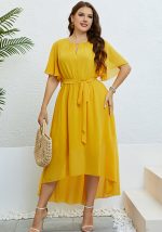 This Summer Yellow Hollow Out Belted Plus Size Casual Midi Dress For Women Made Of Soft And Elastic Fabric. Global Lover Wholesale Plus Size Dresses And Hope Curvy Ladies Find Here a Warm And Exciting Place To Shop Affordable Curvy Dresses Online - Plus Size Casual