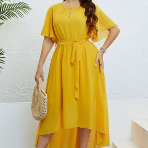 This Summer Yellow Hollow Out Belted Plus Size Casual Midi Dress For Women Made Of Soft And Elastic Fabric. Global Lover Wholesale Plus Size Dresses And Hope Curvy Ladies Find Here a Warm And Exciting Place To Shop Affordable Curvy Dresses Online - Plus Size Casual