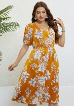 This Summer Yellow Print Slim Waist Slim Fit Dress Women Made Of Soft And Elastic Fabric. Global Lover Wholesale Plus Size Dresses And Hope Curvy Ladies Find Here a Warm And Exciting Place To Shop Affordable Curvy Dresses Online - Plus Size Casual