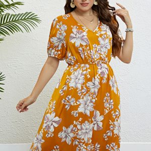 This Summer Yellow Print Slim Waist Slim Fit Dress Women Made Of Soft And Elastic Fabric. Global Lover Wholesale Plus Size Dresses And Hope Curvy Ladies Find Here a Warm And Exciting Place To Shop Affordable Curvy Dresses Online - Plus Size Casual