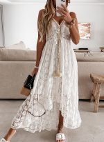 This Summer Lace Suspenders Large Swing Solid Color Long Dress Design Made Of High Quality Polyster And Spandex Material