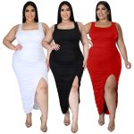 This Summer Solid Color Sleeveless Pleated Slit Dress Made Of Soft And Elastic Fabric. Global Lover Wholesale Plus Size Dresses And Hope Curvy Ladies Find Here a Warm And Exciting Place To Shop Affordable Curvy Dresses Online - Plus Size Casual